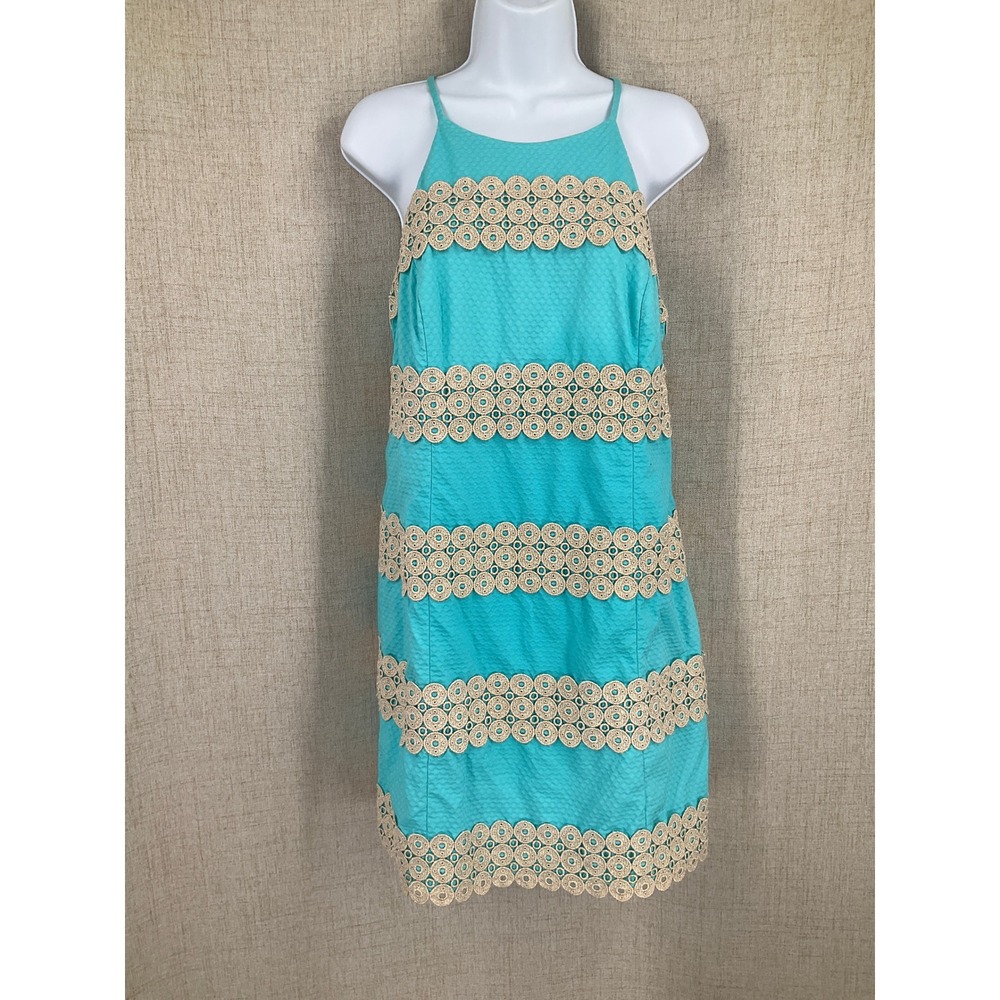 Lilly Pulitzer Shift Dress Women 6 Blue Cotton Metallic Gold Lace Halter Coastal